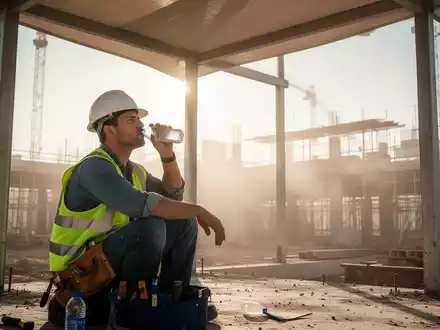 Ein Bauarbeiter macht eine Trinkpause im Schatten auf einer heißen Baustelle, umgeben von Hitze und Sonne. - Foto: über boerse-global.de