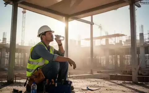 Ein Bauarbeiter macht eine Trinkpause im Schatten auf einer heißen Baustelle, umgeben von Hitze und Sonne. - Foto: über boerse-global.de