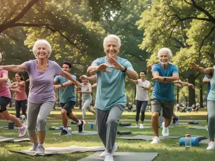 Eine vielfältige Gruppe von Senioren und jungen Erwachsenen nimmt an einem Sommersportkurs im Park teil. - Foto: über boerse-global.de
