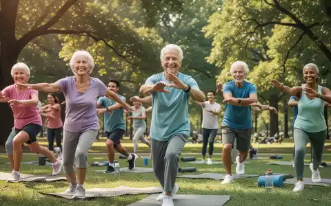 Eine vielfältige Gruppe von Senioren und jungen Erwachsenen nimmt an einem Sommersportkurs im Park teil. - Foto: über boerse-global.de
