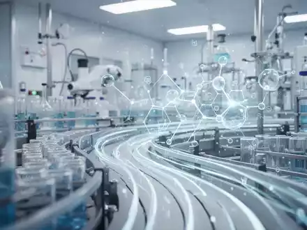 Abstrakte Darstellung der Pharmaindustrie mit Fokus auf Innovation und beschleunigte Prozesse in kühlen Blau- und Weißtönen. - Foto: über boerse-global.de