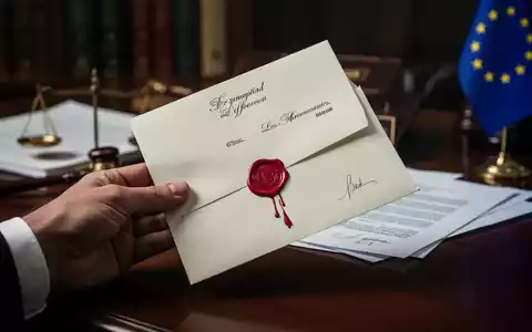 Eine Hand hält einen dringenden Brief mit rotem Wachssiegel auf einem Schreibtisch, im Hintergrund unscharf EU-Dokumente und Flagge. - Foto: über boerse-global.de