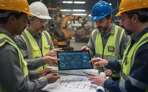 Sicherheitsexperten in Schutzkleidung arbeiten an einem Tablet mit Sicherheitsdaten, im Hintergrund eine Industrieanlage, symbolisiert digitale HSE-Modernisierung. - Foto: über boerse-global.de