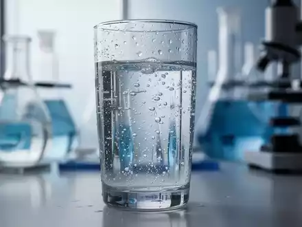 Ein klares Glas Mineralwasser mit Kondensation und sanften Blasen, im Hintergrund verschwommenes Laborgerät. - Foto: über boerse-global.de