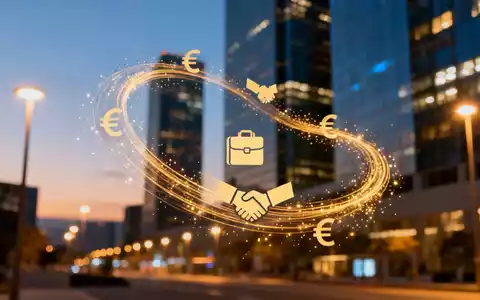 Abstrakte Darstellung eines Milliarden-Deals, mit stilisierten Finanzdaten und Andeutungen von Euro-Symbolen vor einer Stadtkulisse bei Dämmerung. - Foto: über boerse-global.de