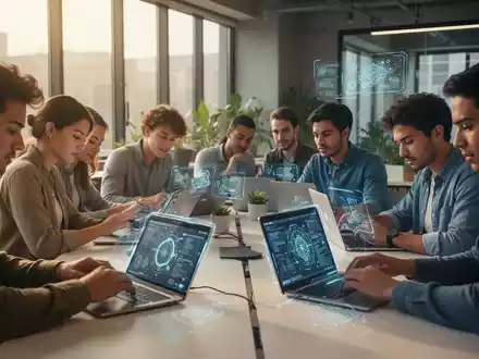 Studenten und Berufstätige nutzen Produktivitäts-Apps auf Tablets und Laptops in einem modernen, kollaborativen Arbeitsbereich. - Foto: über boerse-global.de