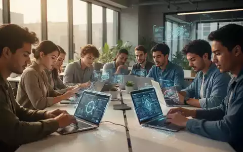 Studenten und Berufstätige nutzen Produktivitäts-Apps auf Tablets und Laptops in einem modernen, kollaborativen Arbeitsbereich. - Foto: über boerse-global.de