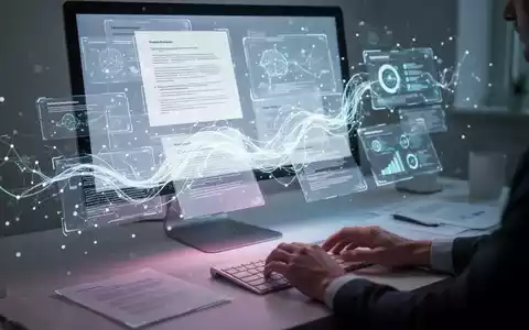 Stilisierte Darstellung eines leuchtenden neuronalen Netzes über digitalen Dokumenten und Präsentationsfolien auf einem Schreibtisch, symbolisiert KI in der Vorlagenverwaltung. - Foto: über boerse-global.de
