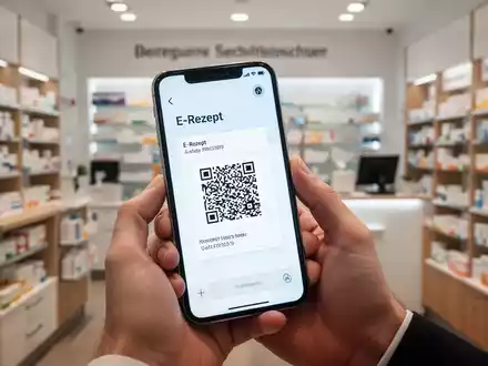 Eine Hand hält ein Smartphone mit einem E-Rezept-QR-Code in einer Apotheke, symbolisiert die Digitalisierung im Gesundheitswesen. - Foto: über boerse-global.de