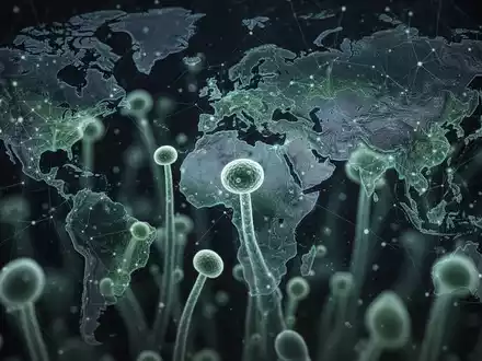 Nahaufnahme von Pilzsporen unter einem Mikroskop, mit einer angedeuteten globalen Karte im Hintergrund. Symbolisiert die Ausbreitung resistenter Pilze. - Foto: über boerse-global.de