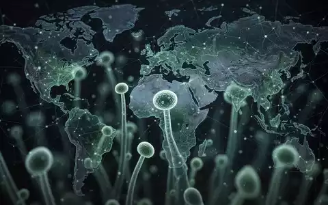 Nahaufnahme von Pilzsporen unter einem Mikroskop, mit einer angedeuteten globalen Karte im Hintergrund. Symbolisiert die Ausbreitung resistenter Pilze. - Foto: über boerse-global.de