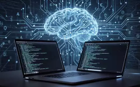 Stilisierte neuronale Netzwerke mit Code, symbolisieren KI-Entwicklung und Zusammenarbeit, mit einer Kommandozeile im Vordergrund. - Foto: über boerse-global.de
