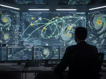 Futuristische Flugverkehrszentrale mit holografischen Displays für Flugrouten und Wetterdaten, Symbol für KI im Flugverkehr. - Foto: über boerse-global.de