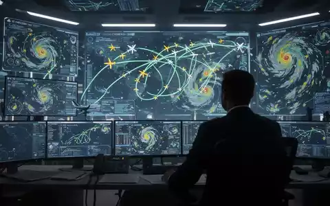 Futuristische Flugverkehrszentrale mit holografischen Displays für Flugrouten und Wetterdaten, Symbol für KI im Flugverkehr. - Foto: über boerse-global.de