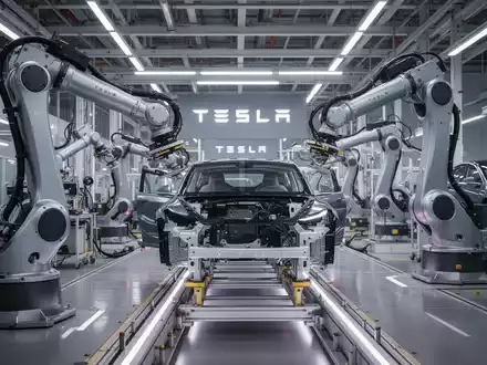 Roboterarme an einer Montagelinie in einer modernen Elektrofahrzeugfabrik, symbolisieren Teslas Produktionsausbau. - Foto: über boerse-global.de