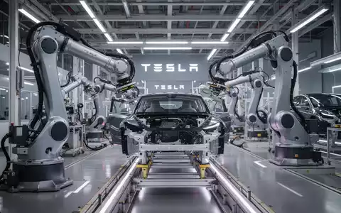 Roboterarme an einer Montagelinie in einer modernen Elektrofahrzeugfabrik, symbolisieren Teslas Produktionsausbau. - Foto: über boerse-global.de