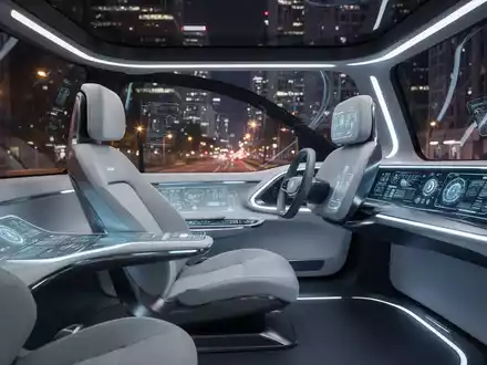 Schlankes, futuristisches Innenraum eines autonomen Fahrzeugs ohne Lenkrad oder Pedale, mit digitalem Interface und Stadtlichtern draußen. - Foto: über boerse-global.de