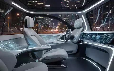 Schlankes, futuristisches Innenraum eines autonomen Fahrzeugs ohne Lenkrad oder Pedale, mit digitalem Interface und Stadtlichtern draußen. - Foto: über boerse-global.de