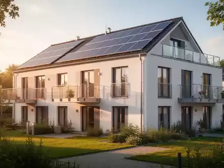 Ein modernes, energieeffizientes Wohngebäude mit Solarmodulen auf dem Dach und grüner Landschaftsgestaltung im Sonnenlicht. - Foto: über boerse-global.de