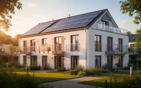 Ein modernes, energieeffizientes Wohngebäude mit Solarmodulen auf dem Dach und grüner Landschaftsgestaltung im Sonnenlicht. - Foto: über boerse-global.de
