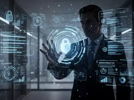 Eine Person im Anzug, die mit einer abstrakten digitalen Benutzeroberfläche interagiert, die Datenströme und Sicherheitsprotokolle anzeigt. - Foto: über boerse-global.de