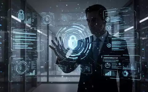 Eine Person im Anzug, die mit einer abstrakten digitalen Benutzeroberfläche interagiert, die Datenströme und Sicherheitsprotokolle anzeigt. - Foto: über boerse-global.de