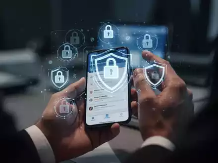Hände halten Smartphone mit Banking-App, überlagert mit digitalen Sicherheitssymbolen, Schutz vor Online-Betrug. - Foto: über boerse-global.de