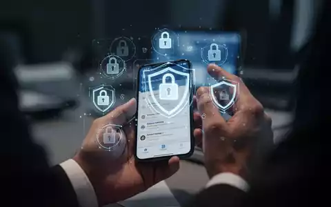 Hände halten Smartphone mit Banking-App, überlagert mit digitalen Sicherheitssymbolen, Schutz vor Online-Betrug. - Foto: über boerse-global.de
