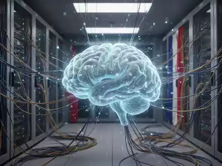 Leuchtendes digitales Gehirn oder Netzwerkknoten in einem sicheren, futuristischen Serverraum, symbolisiert digitale Souveränität und Datenkontrolle. - Foto: über boerse-global.de