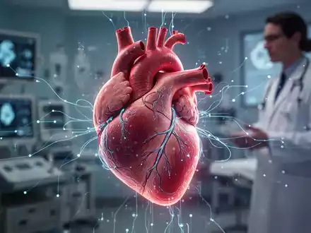 Ein stilisiertes menschliches Herz mit digitalen Verbindungen, das technologische Fortschritte in der Herzgesundheit und Erholung nach OPs symbolisiert. - Foto: über boerse-global.de