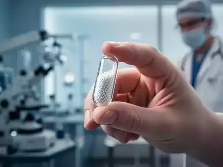 Eine Hand hält eine transparente Kapsel mit kleinen, weißen Kügelchen vor einem verschwommenen medizinischen Hintergrund. - Foto: über boerse-global.de