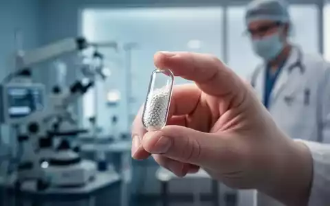 Eine Hand hält eine transparente Kapsel mit kleinen, weißen Kügelchen vor einem verschwommenen medizinischen Hintergrund. - Foto: über boerse-global.de