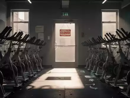 Leeres Fitnessstudio mit Trainingsgeräten, einer verschlossenen Tür und einem Schild, das auf Kursausfälle hinweist, während die Sonne durch die Fenster scheint. - Foto: über boerse-global.de