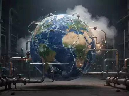Ein stilisierter Globus mit sichtbaren Gasleitungen und einer Methanwolke, der die globalen Energie- und Umweltprobleme darstellt. - Foto: über boerse-global.de