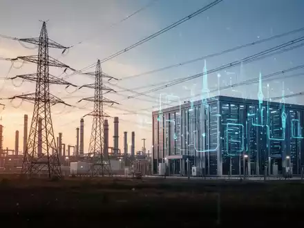 Eine Industriestadt bei Sonnenuntergang, mit Hochspannungsleitungen und einem modernen Rechenzentrum. Symbolisiert Energiewirtschaft und Digitalisierung. - Foto: über boerse-global.de