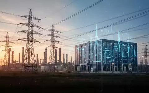 Eine Industriestadt bei Sonnenuntergang, mit Hochspannungsleitungen und einem modernen Rechenzentrum. Symbolisiert Energiewirtschaft und Digitalisierung. - Foto: über boerse-global.de