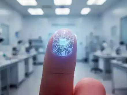 Nahaufnahme eines Fingers mit einem subtil leuchtenden Schaltkreismuster auf dem Fingernagel, um winzige Transistoren darzustellen. - Foto: über boerse-global.de