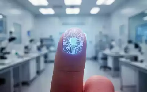 Nahaufnahme eines Fingers mit einem subtil leuchtenden Schaltkreismuster auf dem Fingernagel, um winzige Transistoren darzustellen. - Foto: über boerse-global.de