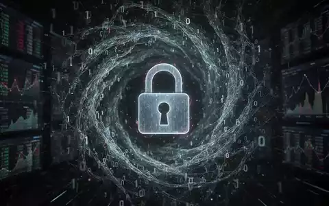 Ein digitales Vorhängeschloss über einem Wirbel aus Binärcode und KI-Mustern, der eine Bedrohung durch Cyberangriffe symbolisiert. - Foto: über boerse-global.de