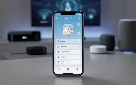 Ein iPhone zeigt eine Smart-Home-App, mit Symbolen für Apple TV und andere Smart-Geräte im Hintergrund. - Foto: über boerse-global.de