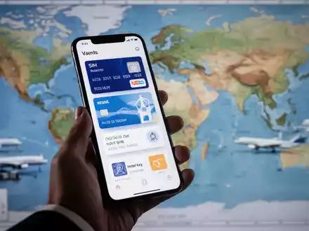 Eine Hand hält ein Smartphone mit einer digitalen Geldbörsen-App und Reisetickets vor einer unscharfen Weltkarte. - Foto: über boerse-global.de