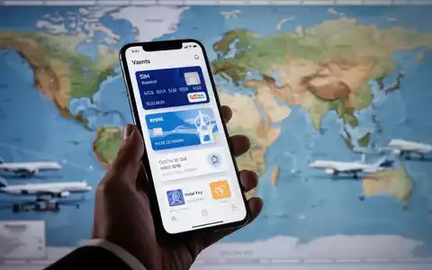 Eine Hand hält ein Smartphone mit einer digitalen Geldbörsen-App und Reisetickets vor einer unscharfen Weltkarte. - Foto: über boerse-global.de