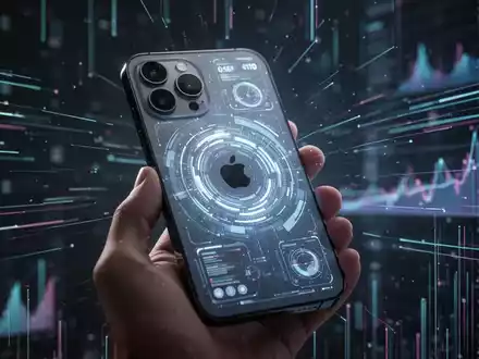 Eine Hand hält ein iPhone 15 Pro mit leuchtendem, futuristischem Interface, unscharfer Hintergrund mit digitalen Linien. - Foto: über boerse-global.de