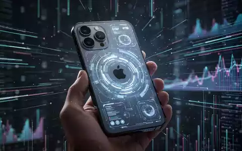 Eine Hand hält ein iPhone 15 Pro mit leuchtendem, futuristischem Interface, unscharfer Hintergrund mit digitalen Linien. - Foto: über boerse-global.de