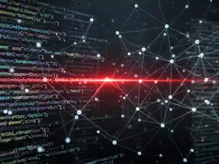 Digitale Darstellung eines komplexen Netzwerks aus Code und Daten, mit einer glühend roten Linie, die eine Sicherheitslücke anzeigt. - Foto: über boerse-global.de