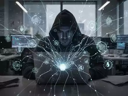 Verschwommene Gestalt arbeitet an Laptop, umgeben von leuchtenden Datenlinien und biometrischen Symbolen, die Datenschutzbedenken von Mitarbeitern veranschaulichen. - Foto: über boerse-global.de