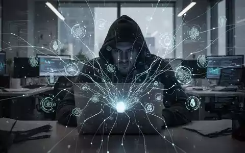 Verschwommene Gestalt arbeitet an Laptop, umgeben von leuchtenden Datenlinien und biometrischen Symbolen, die Datenschutzbedenken von Mitarbeitern veranschaulichen. - Foto: über boerse-global.de