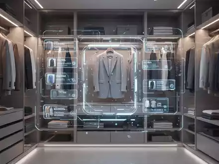 Minimalistischer Kleiderschrank mit ordentlich organisierter Kleidung, beleuchtet von einer holografischen Schnittstelle mit digitalen Kleidungsetiketten. - Foto: über boerse-global.de