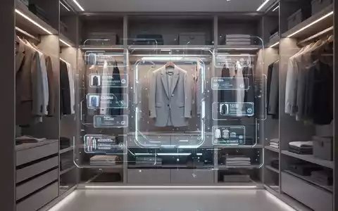 Minimalistischer Kleiderschrank mit ordentlich organisierter Kleidung, beleuchtet von einer holografischen Schnittstelle mit digitalen Kleidungsetiketten. - Foto: über boerse-global.de