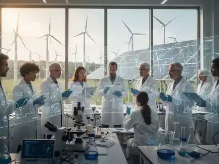 Wissenschaftler und Ingenieure in einem modernen Labor, die Daten zu erneuerbaren Energien analysieren, mit Windturbinen und Solarpaneelen im Hintergrund. - Foto: über boerse-global.de